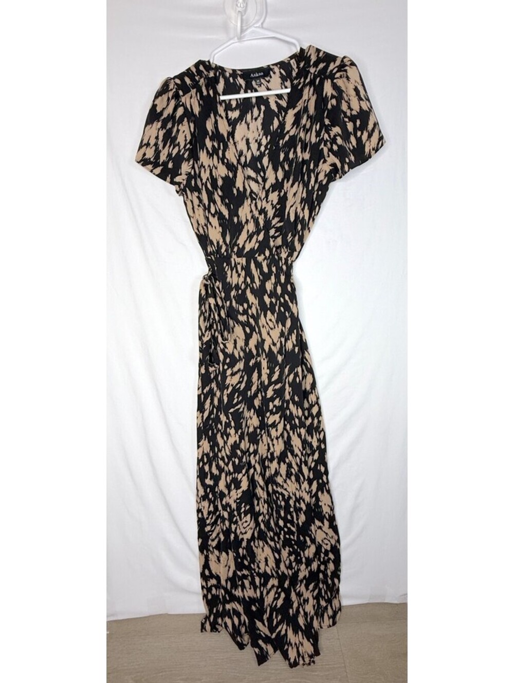 Black Tan Abstract Wrap Maxi Dress M Fall Boho Wedding Guest Aakaa